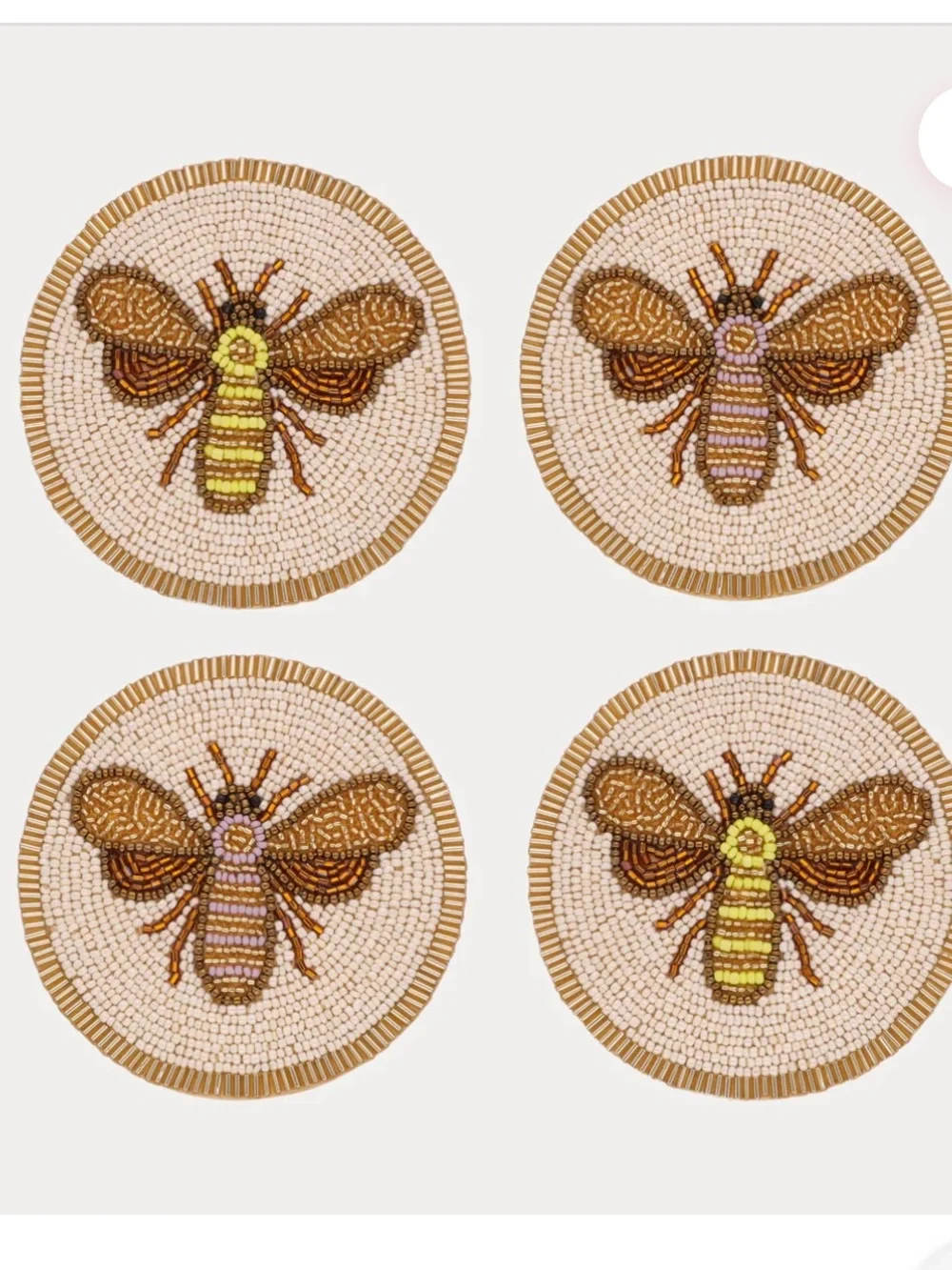 Budhagirl Beaded Bee Coaster Set of 4 White and Gold